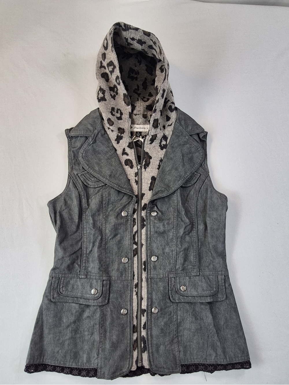 Montana Co Faux Gray Leather Vest Animal Print Woman’s Med  Full Zip Hooded NWT